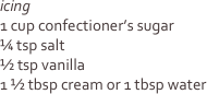 
icing
1 cup confectioner’s sugar
¼ tsp salt
½ tsp vanilla
1 ½ tbsp cream or 1 tbsp water