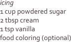 
icing 
1 cup powdered sugar
2 tbsp cream
1 tsp vanilla 
food coloring (optional)
